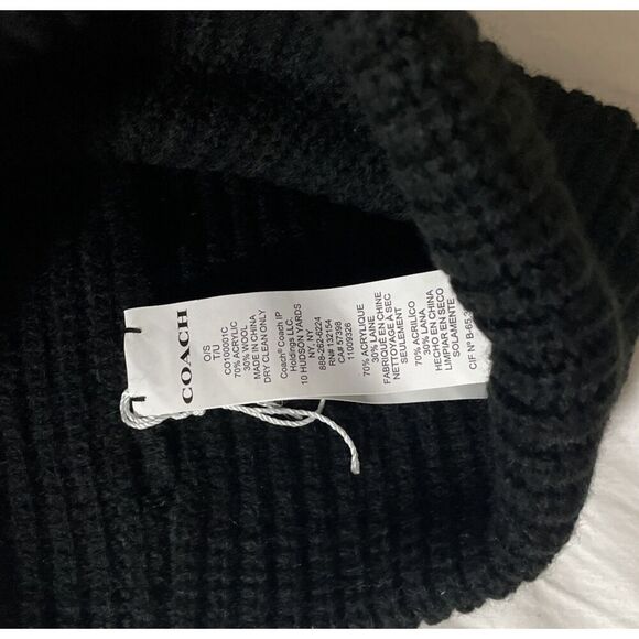 NEW WITHOUT TAG  COACH Wool Bland Ribbed Knit Logo Patch Beanie Black - Picture 3 of 4